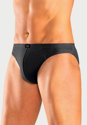 Black men's briefs made of stretchy fabric. Features a fitted design with a low-rise waist and a small logo on the waistband.