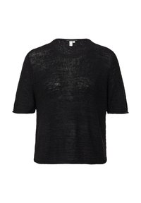 Czarna dzianinowa bluzka z krótkim rękawem i okrągłym dekoltem. Luźny krój z teksturowanym wzorem, o swobodnym fasonie i casualowym wyglądzie.