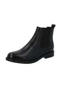 Schwarze Leder Chelsea-Stiefel mit glatter Oberfläche, elastischen Seitenpaneelen und einem Zugschlaufe, mit abgerundeter Zehenform und niedrigem Blockabsatz.