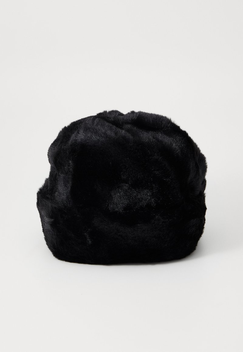 Black fur bucket hat with a soft texture, rounded shape, and subtle shine. Seamless design with no visible hardware or accents.