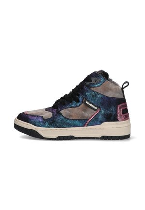 Hoge sneakers van een meervoudig gekleurde, glinsterende stof in tinten van paars, blauw en grijs. Zwarte veters en een gestructureerde zool.