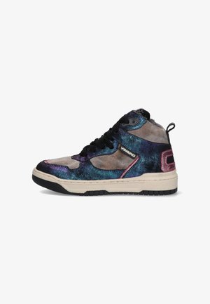 High-top sneakers with a multicolored, shimmery fabric featuring shades of purple, blue, and gray. Black laces and textured sole.