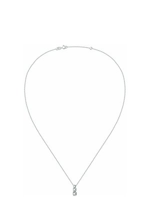 Silver chain necklace featuring a pendant with three stacked clear gemstones. The chain is delicate with a lobster clasp closure.