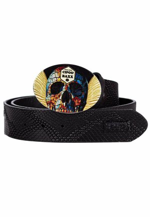 Ceinture en cuir noir avec un motif texturé. Présente une boucle de crâne en mosaïque colorée avec des accents dorés et le nom de la marque "Cipo & Baxx".