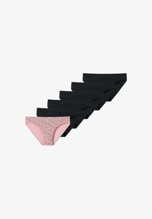 Schwarze Baumwollunterwäsche mit glatter Textur, bestehend aus einem rosa Paar mit einem verstreuten schwarzen Punktmuster an der Vorderseite. Insgesamt sechs Stück.