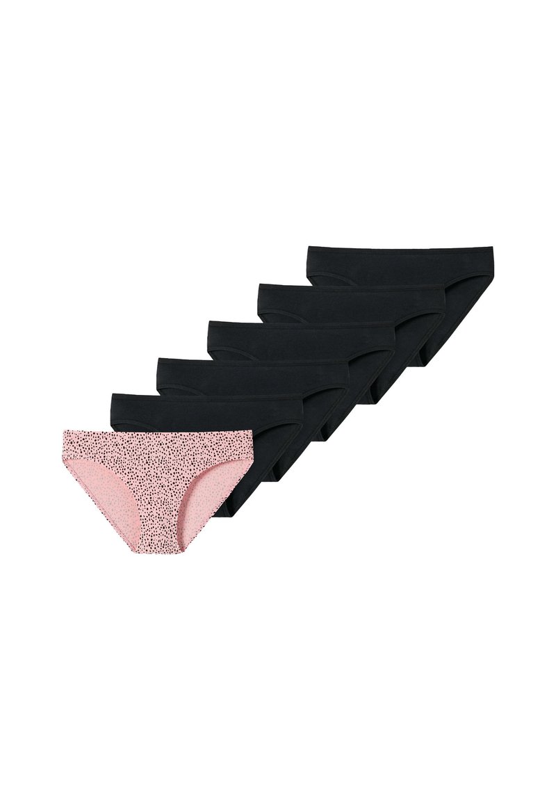 Schwarze Baumwollunterwäsche mit glatter Textur, bestehend aus einem rosa Paar mit einem verstreuten schwarzen Punktmuster an der Vorderseite. Insgesamt sechs Stück.