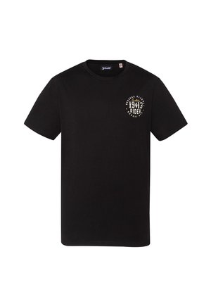 Schwarzes T-Shirt mit kurzen Ärmeln und rundem Hals sowie kleinem weiß-beigem kreisförmigen Textmotiv oben links auf der Brust mit der Aufschrift "1903 Rider."
