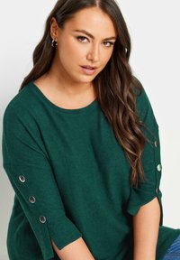 Grüner Wollmischpullover mit lockerer Passform, rundem Halsausschnitt und kurzen Ärmeln, die silberne Knöpfe an den Bündchen aufweisen. Glatte Textur.