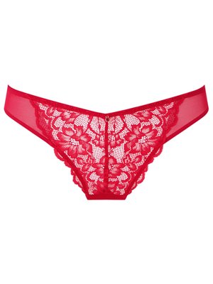 Rød blonde bikini-strengundertøj til kvinder med blomstermuster og transparente mesh-sider på en hvid baggrund.