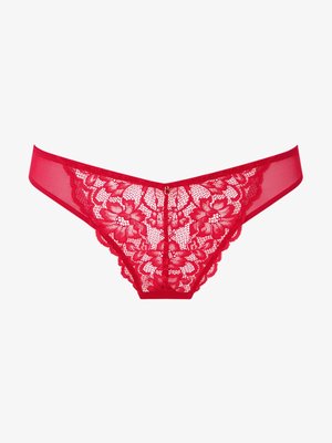 Braguitas de bikini para mujer en encaje rojo con patrones florales y lados de malla translúcida sobre un fondo blanco.