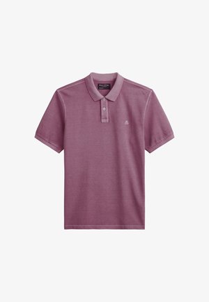 Férfi rövid ujjú mályva színű galléros polosdög, kétgombos placket-tel és egy kis hímzett "M OP" logóval a mellkason.