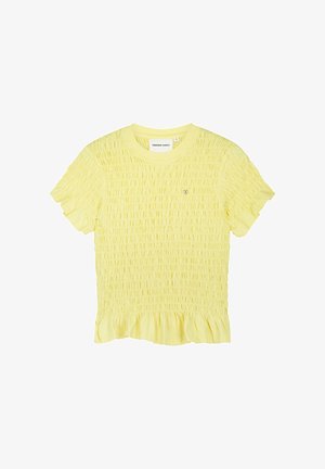 Geel kort mouwtje smocked topje met ronde halslijn, gerimpelde zoom en klein hartje-embleem op de linkerborst.