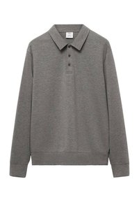 Grå långärmad polo i mjukt tyg med klassisk krage, treknappsslutning samt ribbade manschetter och nederkant.