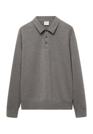 Polo gris à manches longues fabriqué en tissu doux, avec un col classique, une patte de boutonnage à trois boutons et des bords côtelés aux poignets et à l'ourlet.