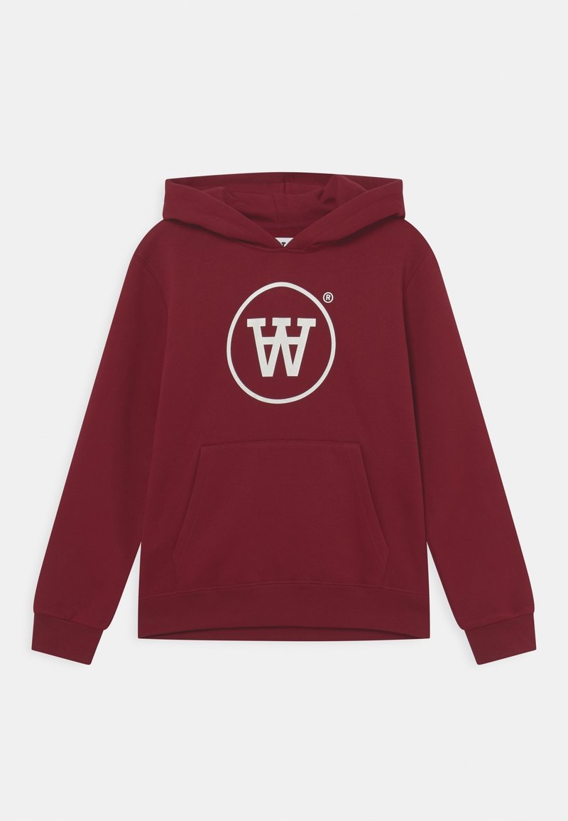 Bordeaux capuchon sweatshirt van een katoenmix, met een voorzak en een groot rond logo in het wit op de borst.