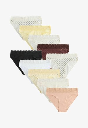 Neun Damen-Bikinislip mit Spitzenbesatz in verschiedenen Farben und Mustern, diagonal überlappend angeordnet.