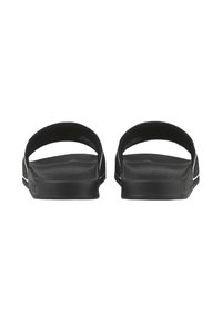 Pair of black slip-on sandals with wide straps and textured footbeds, shown from the rear on a white background.