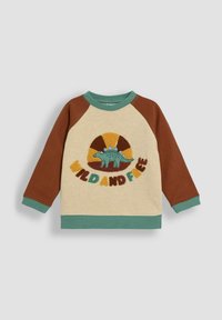 Crewneck collegepaita beige-värissä, ruskeat raglan-hihat, vihreät hihansuut. Sisältää tekstuurilla varustetun dinosauruksen kuvion ja "WILD AND FREE" värikkäillä kirjaimilla.