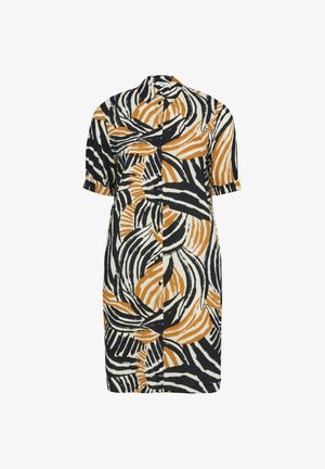 Robe boutonnée à manches courtes avec un motif abstrait en tourbillon noir, blanc et orange et un col pointu.