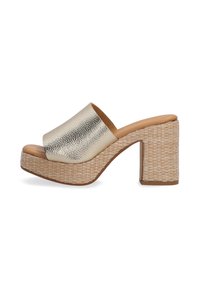 Metallic gold slide sandal with a wide strap, combined with a woven-texture platform and block heel for support and stability.