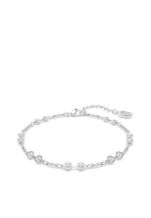 Pulsera de plata con un diseño de cadena y acentos de cristales transparentes alternos, cierre seguro y una cadena de extensión ajustable.