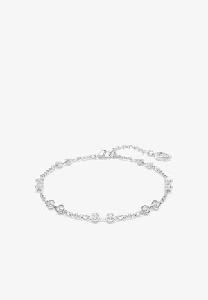 Srebrna bransoletka z wzorem łańcucha, z naprzemiennymi przejrzystymi akcentami kryształowymi, bezpiecznym zapięciem i regulowanym łańcuszkiem przedłużającym.