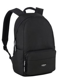 Black backpack made of durable fabric, featuring a rounded shape, adjustable straps, front zip pocket, and a logo patch on the lower pocket.