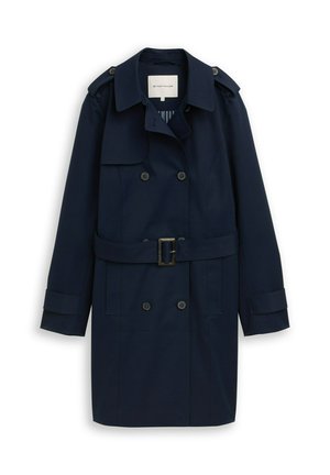 Marineblauwe dubbelgeknoopte trenchcoat met riem, knoopmanchetten, epauletten en brede kraag, van Tom Tailor.