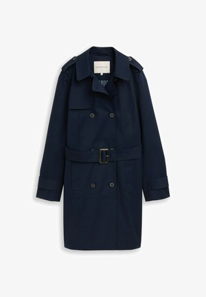 Marineblauer doppelt geknöpfter Trenchcoat mit Gürtel, geknöpften Manschetten, Schulterklappen und weitem Kragen, von Tom Tailor.