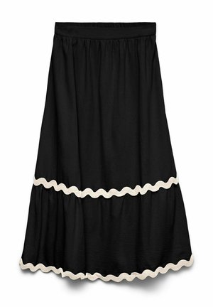Jupe midi noire avec volants froncés et accents de bordure ondulée blanche aux coutures des volants et à l'ourlet, dotée d'une ceinture élastique.