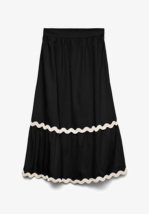 Jupe midi noire avec volants froncés et accents de bordure ondulée blanche aux coutures des volants et à l'ourlet, dotée d'une ceinture élastique.