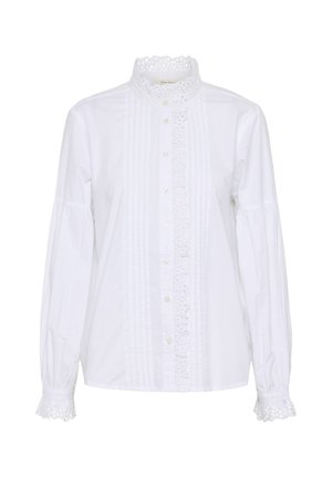 Bluza albă cu mâneci lungi, guler înalt din dantelă, închidere cu nasturi în față, detalii plisate și margini din dantelă la manșete și pe fanta frontală.