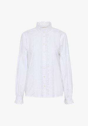 Bluza albă cu mâneci lungi, guler înalt din dantelă, închidere cu nasturi în față, detalii plisate și margini din dantelă la manșete și pe fanta frontală.