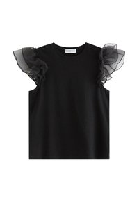 Sort kortærmet top med gennemsigtige, flæsebesatte mesh-ærmer. Glat stof med rund halsudskæring og afslappet pasform.