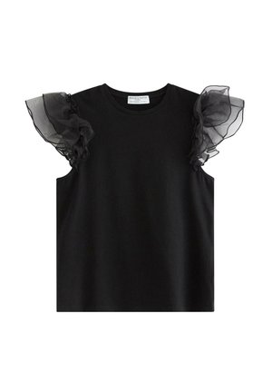 Svart kortärmad topp med genomskinliga, volangprydda mesh-ärmar. Mjukt tyg med rund halsringning och avslappnad passform.