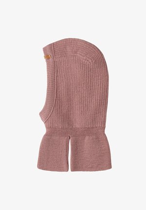 Pehmeast roosas lõngakootud balaklava, millel on soonikuline tekstuur, tihe istuvus ja laienevad servad. Kõrval on väike brändi silt.