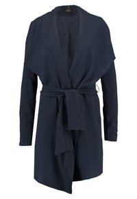 Manteau long à manches longues bleu marine avec un devant drapé et une fermeture à nouer à la taille. Fabriqué à partir d'un tissu lisse avec une texture subtile.