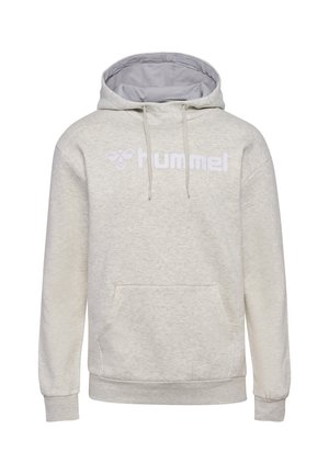 Lichtgrijze hoodie, met een groot wit logo. Zachte textuur, lange mouwen en een voorste kangaroo zak. Neutrale kleur.