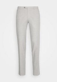 Lichtgrijze broek gemaakt van een gestructureerde stof. Voorzien van een platte voorkant, riemlussen en een enkele knoopsluiting bij de taille.