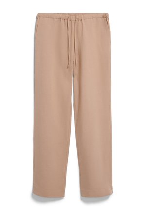 Pantalons larges beige avec une taille élastique et un cordon de serrage. Tissu doux et léger avec une texture lisse et sans motifs visibles.
