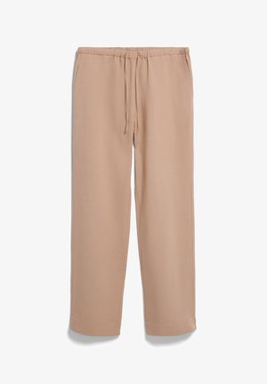 Pantaloni beige a gamba larga con vita elastica e cordoncino. Tessuto morbido e leggero con una texture liscia e senza motivi visibili.