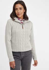 Light gray knitted sweater with a quarter-zip collar, featuring cable knit patterns, long sleeves, and a subtle leather accent on the hem.