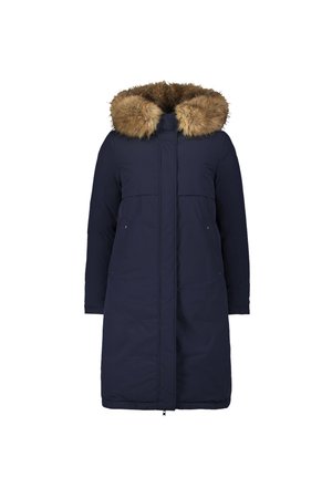 Mørkeblå knælang frakke med faux fur-hætte, lynlås foran, to brystlommer og sidelommer. Blødt, glat stof med en quiltet tekstur.