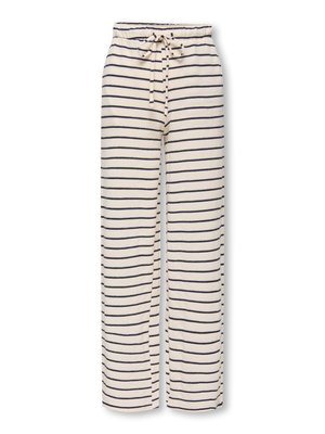 Pantaloni din material moale de culoare crem, cu dungi orizontale negre și talie elastică prevăzută cu șnur asortat.