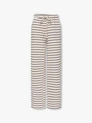 Crèmekleurige zachte stofbroek met zwarte horizontale strepen en een elastische tailleband met een bijpassende trekkoord.