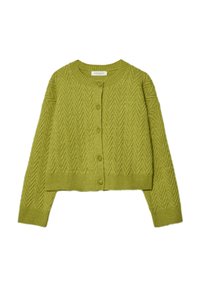 Grüner, taillierter Cardigan mit strukturiertem Fischgrätenmuster, Knopfverschluss und gerippten Bündchen sowie Saum. Weiches Strickmaterial.