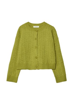 Grüner, taillierter Cardigan mit strukturiertem Fischgrätenmuster, Knopfverschluss und gerippten Bündchen sowie Saum. Weiches Strickmaterial.