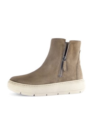 Wildleder-Ankle Boots in Taupe mit einem seitlichen Reißverschluss, ausgestattet mit einer dicken weißen Plateausohle, klaren Linien und einer strukturierten Oberfläche.