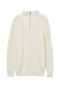 Maglione lavorato a maglia color crema con motivi testurizzati, maniche lunghe, polsini e orlo a costine, e colletto con zip frontale a metà.