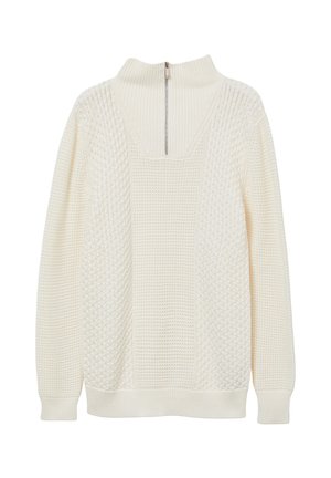 Cremfarbener Strickpullover mit strukturierten Mustern, langen Ärmeln, gerippten Bündchen und Saum sowie einem halben Reißverschluss im Kragen vorne.
